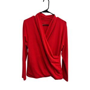 E.L.I Red Long Sleeve Draped Front Top Size 3 Quiet Luxury Minimalist Pima